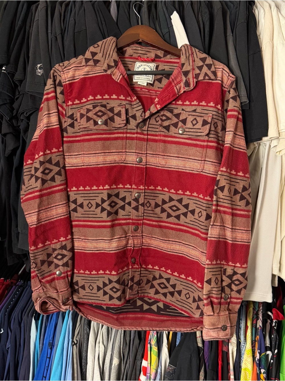 Iron And Resin Aztec Flannel Shirt Womens XL Red Button Up Longsleeve Native USA